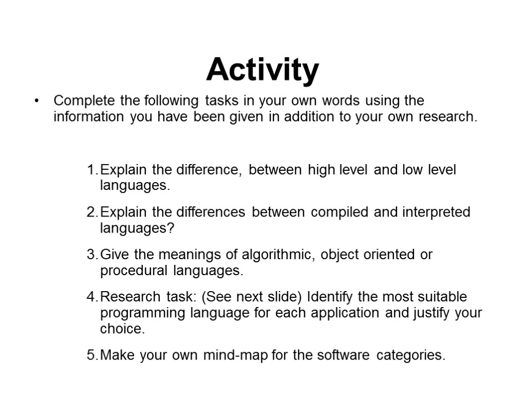 Activity Complete the following tasks in your own words using the information you have